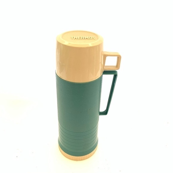 Vintage Retro Thermos Aladdin's Blue & Cream Pint Size with Handle & Cup Lid - Picture 1 of 11